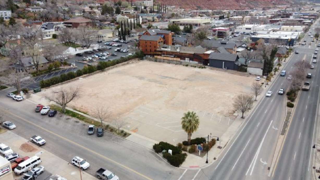 An aerial view of the city-owned parcel at 100 West and St. George Boulevard, St. George, in September. City officials issued a call for qualified parties to help decide what to build there.