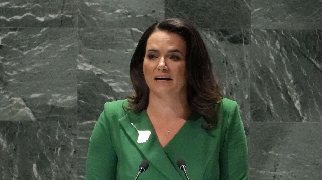 Hungary’s President Katalin Novak addresses the 78th session of the United Nations General Assembly, on Tuesday. Novak will be in Utah on Tuesday to meet with Gov. Spencer Cox and speak at Brigham Young University.