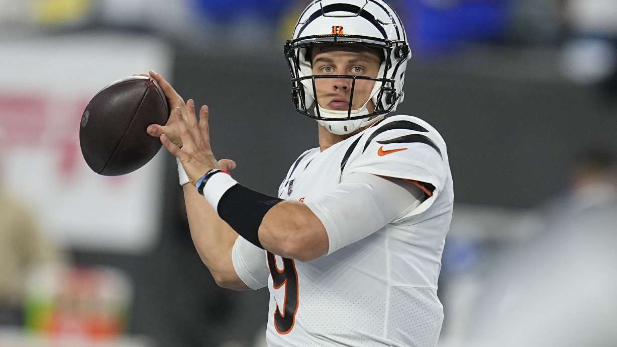 Cincinnati Bengals quarterback Joe Burrow warms up before the start of an NFL football game against the Los Angeles Rams Monday, Sept. 25, 2023, in Cincinnati.