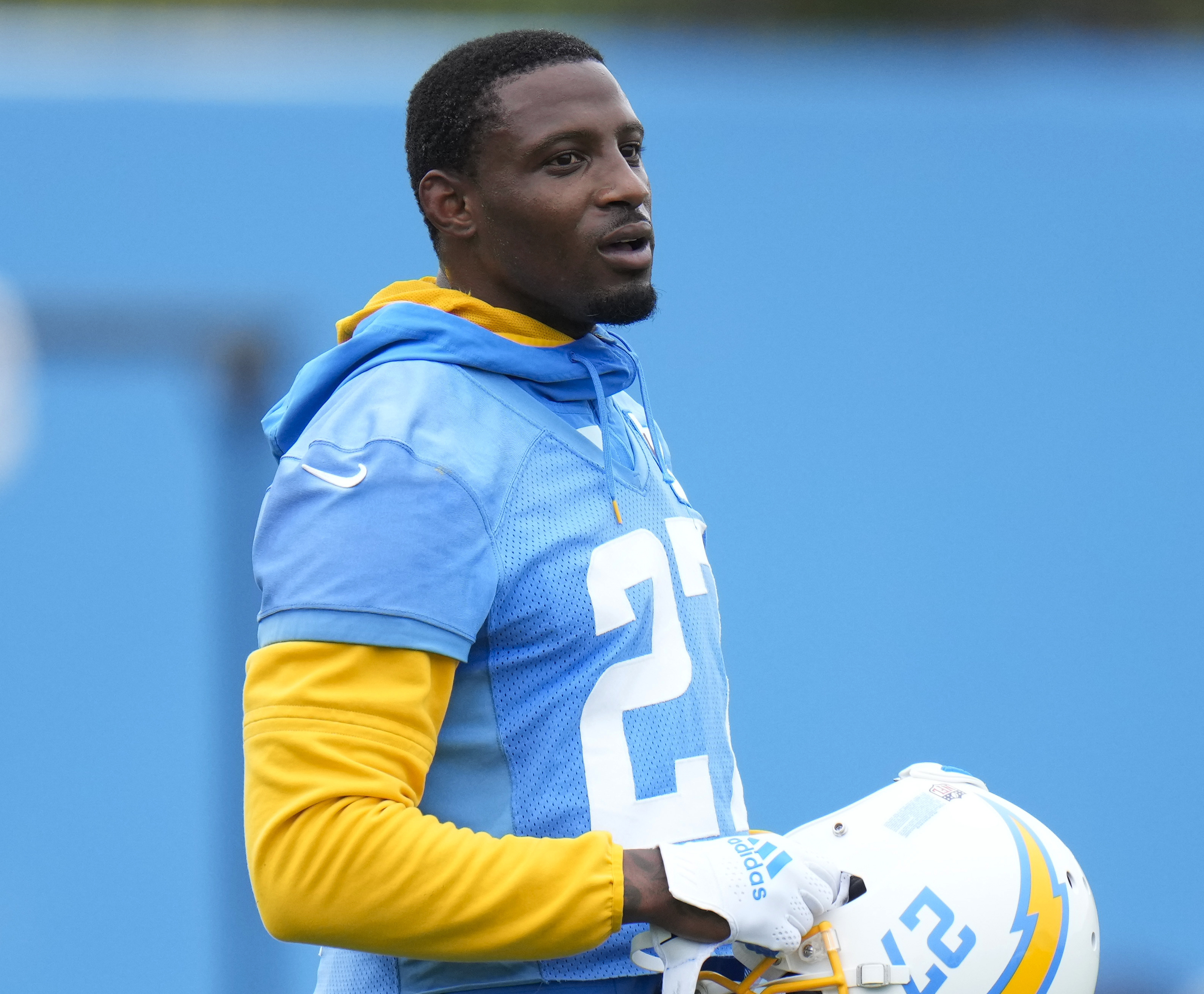 FILE - Los Angeles Chargers cornerback J.C. Jackson stands on the field during the NFL football team's camp in Costa Mesa, Calif., Wednesday, June 14, 2023. An arrest warrant has been issued for Jackson after he failed to appear for a court hearing on traffic charges in Massachusetts.