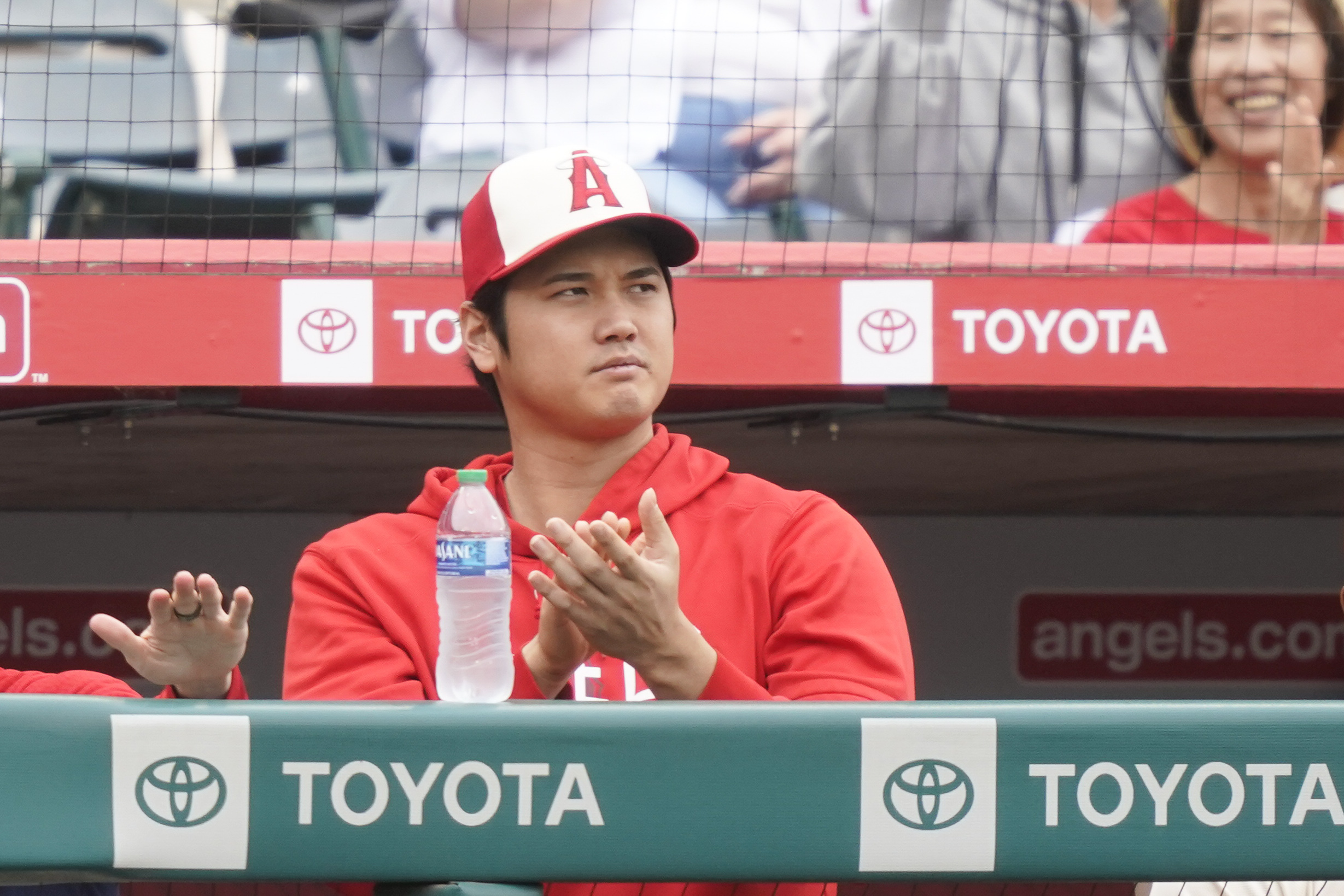 Los Angeles Angels' Shohei Ohtani watches from the dugout during the third inning of a baseball game against the Detroit Tigers, Sunday, Sept. 17, 2023, in Anaheim, Calif.