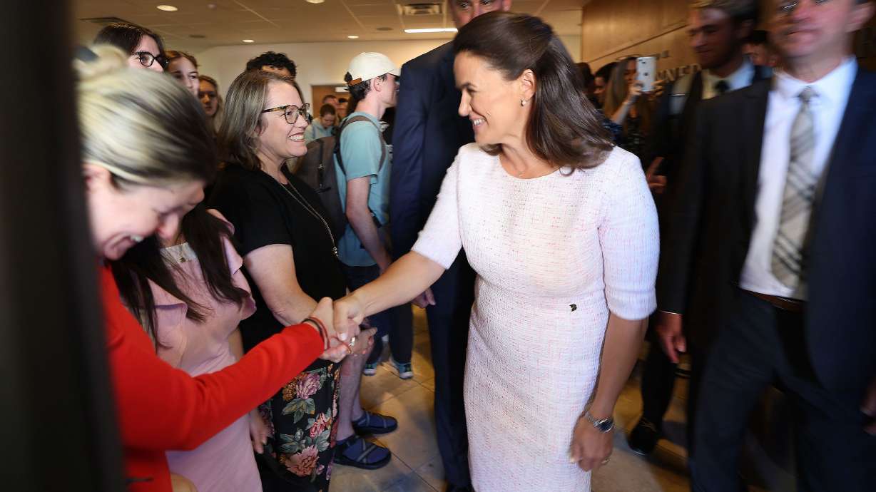 Hungarian President Katalin Novák greets attendees after speaking at Brigham Young University in Provo on Tuesday. Katalin Novák encourages marriage, having children to save society, speaks of her Christian faith.