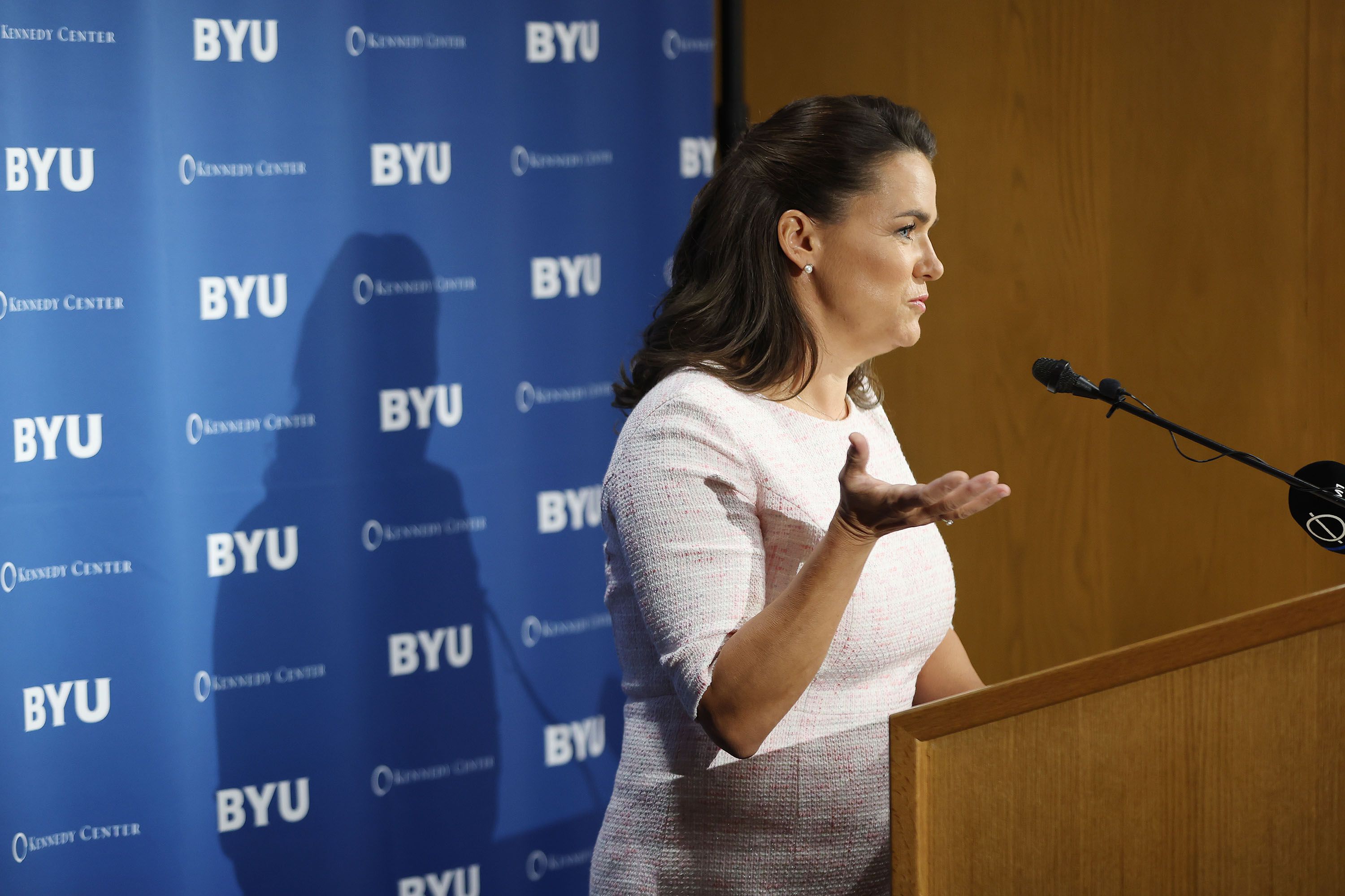 Hungarian President Katalin Novák speaks at Brigham Young University in Provo on Tuesday.