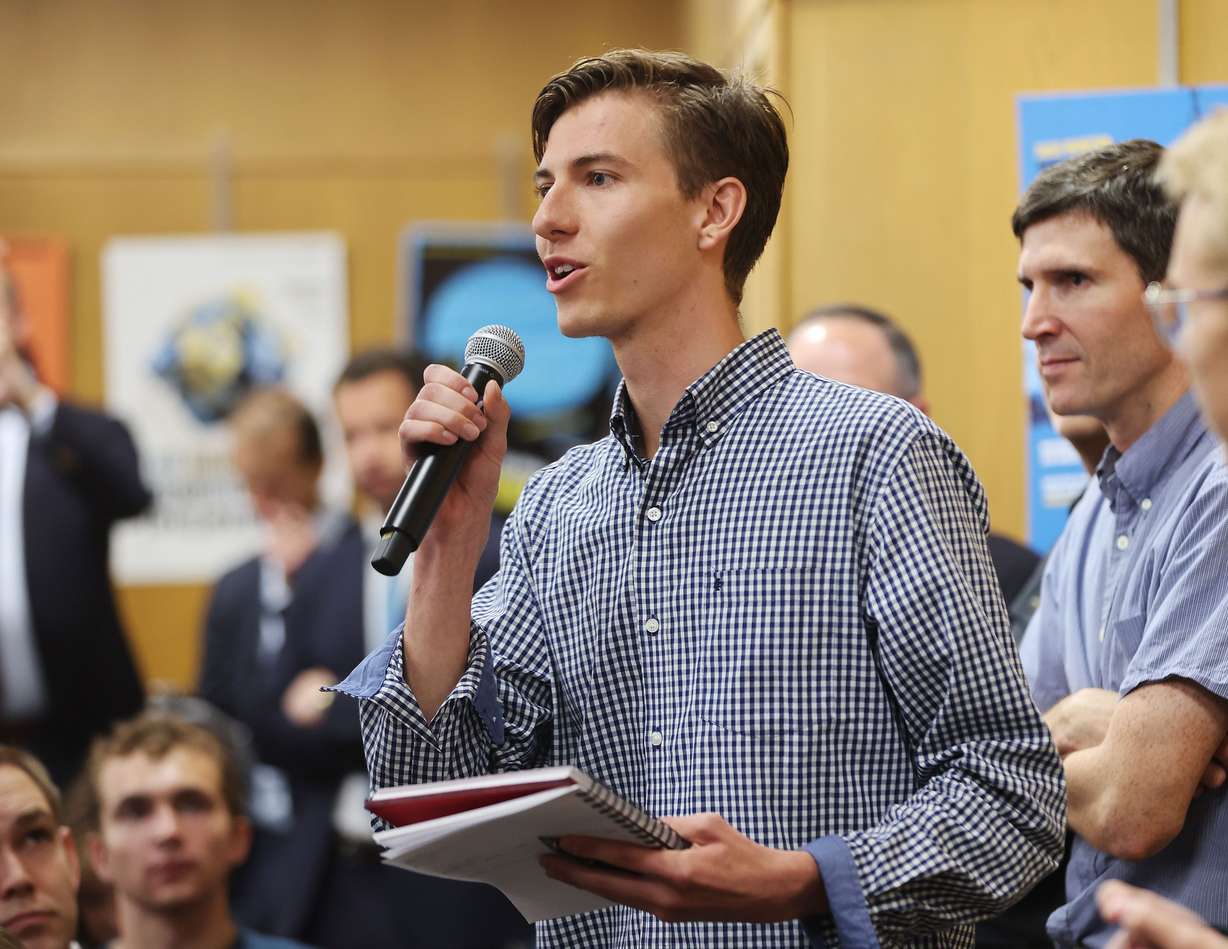 BYU student Addison Graham asks Hungarian President Katalin Novák a question during her speech at Brigham Young University in Provo on Tuesday.