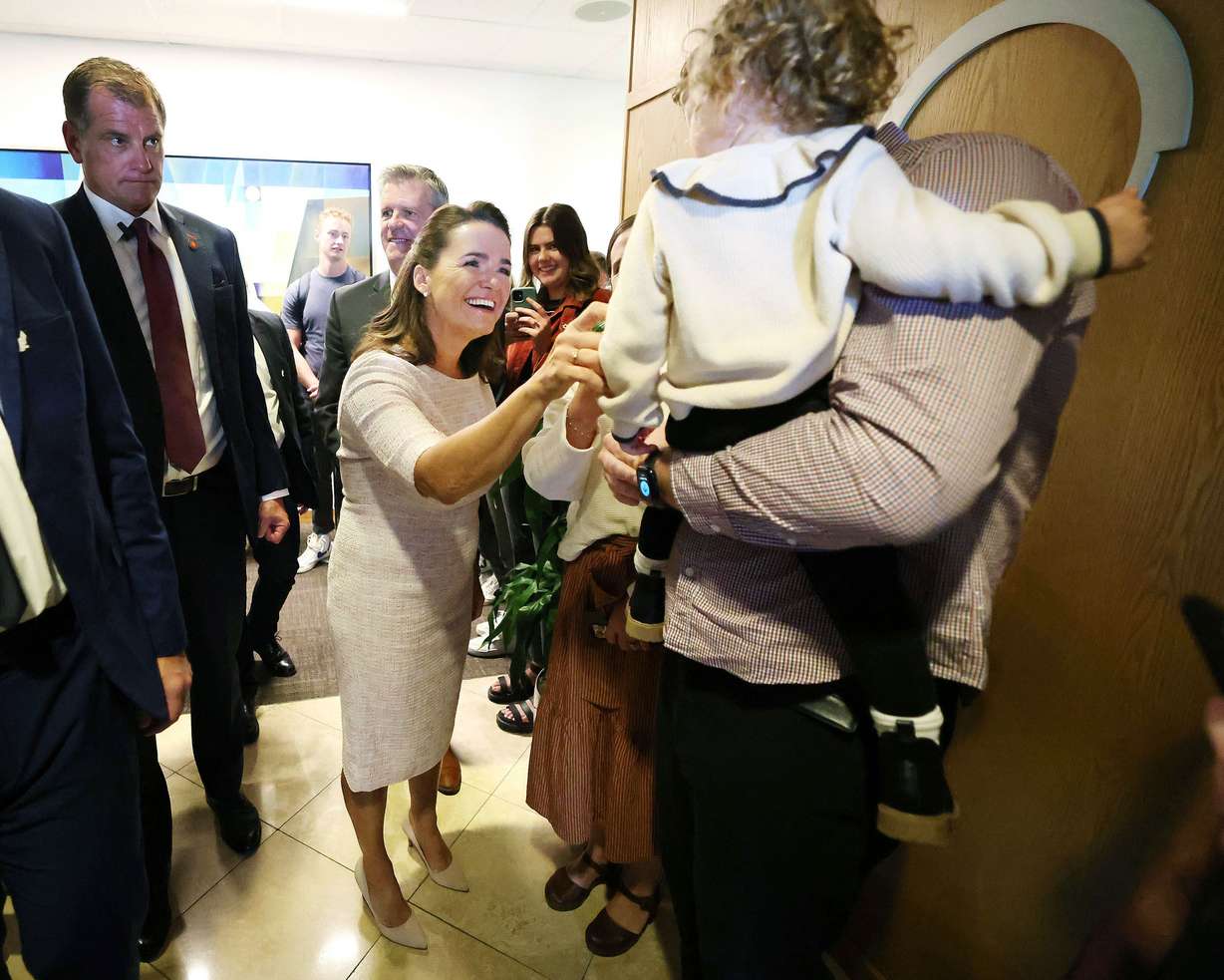 Hungarian President Katalin Novák greets attendees after speaking at Brigham Young University in Provo on Tuesday.