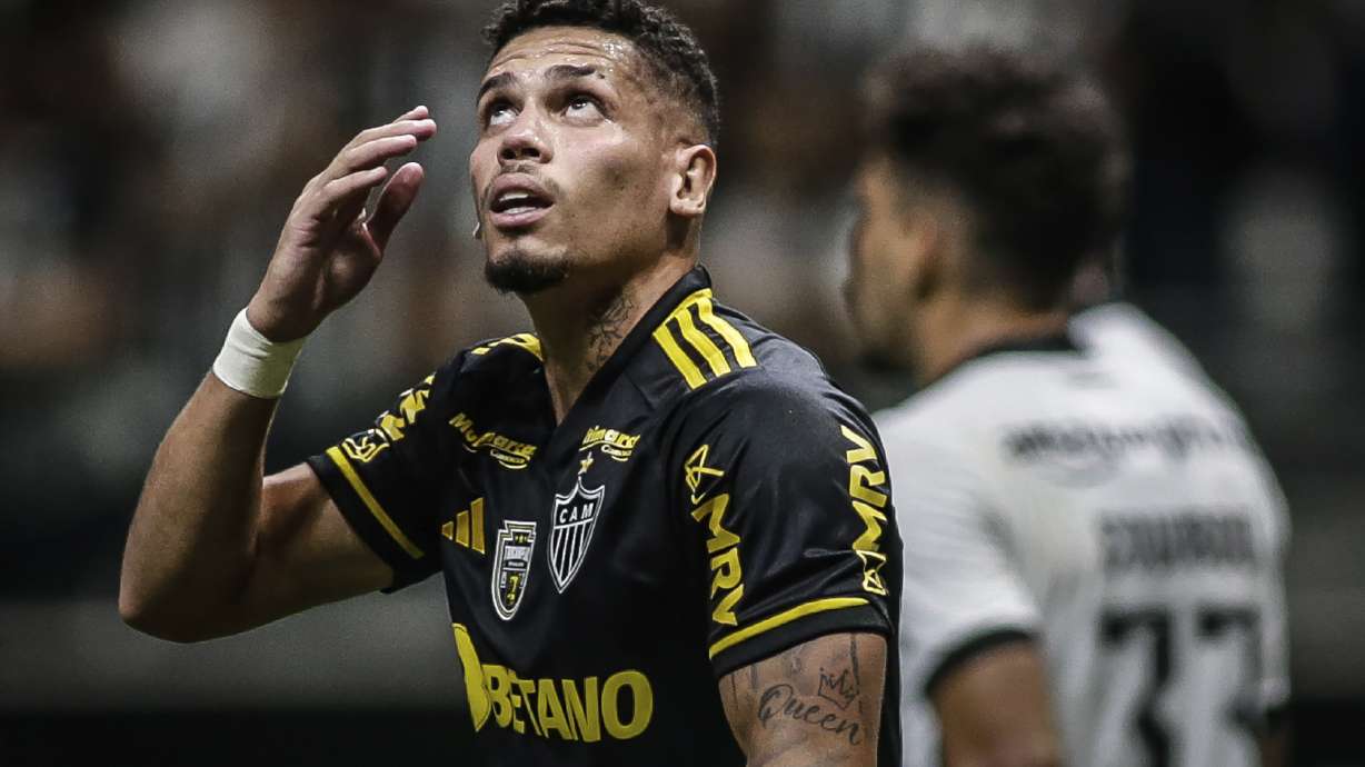 Paulinho of Brazil“s Atletico Mineiro gives thanks after scoring during the Brasileirao championship soccer match against Botafogo at Arena MRV in Belo Horizonte, Brazil, Saturday, Sept. 16, 2023. Paulinho has become a powerful voice for the often-marginalized practitioners of the Candomble religion.