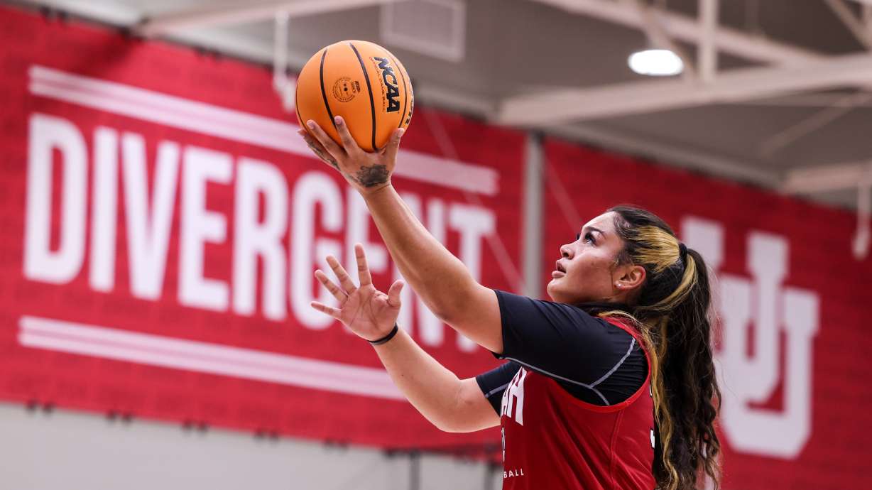 Alissa Pili drives to the rim during Utah's first official practice in Salt Lake City on Monday, Sept. 25, 2023.