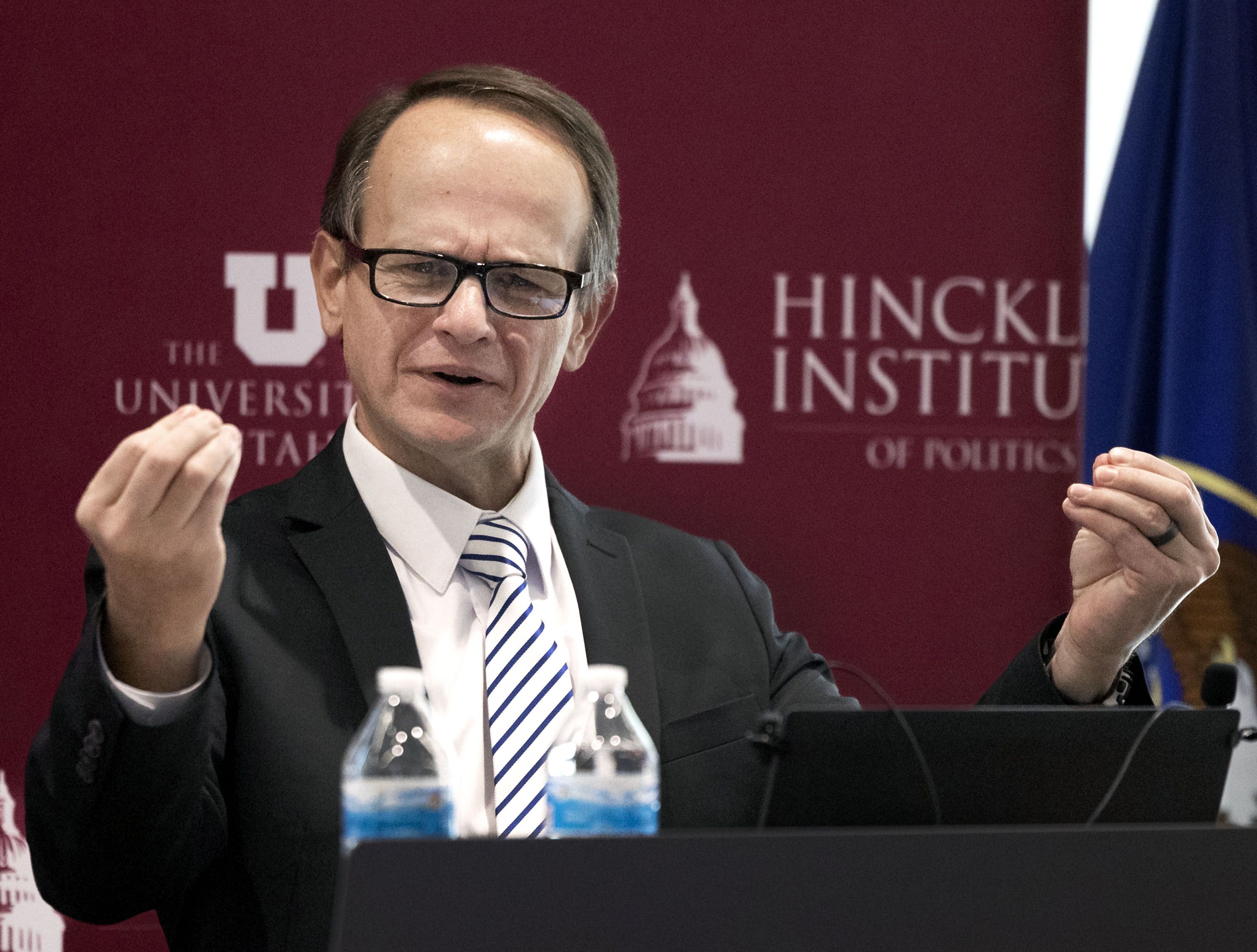 William D. Schreckhise, professor and chair of the University of Arkansas Department of Political Science, speaks during the “To Respectfully Disagree: Civility in Government” presentation at the University of Utah’s Hinckley Institute in Salt Lake City on Wednesday.