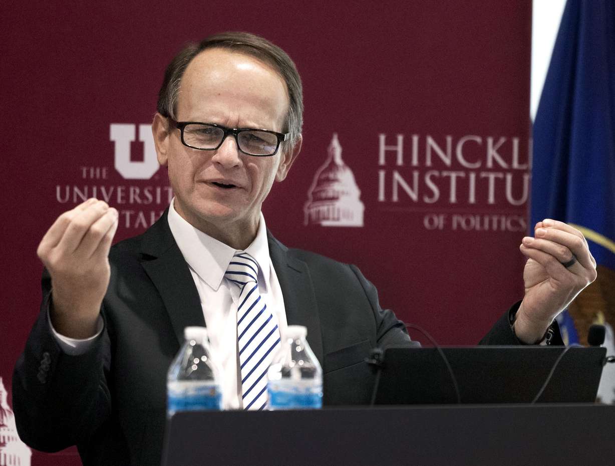 William D. Schreckhise, professor and chair of the University of Arkansas Department of Political Science, speaks during the “To Respectfully Disagree: Civility in Government” presentation at the University of Utah’s Hinckley Institute in Salt Lake City on Wednesday.