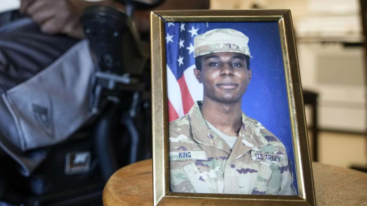 A portrait of American soldier Travis King is displayed as his grandfather, Carl Gates, talks about his grandson on July 19, in Kenosha, Wisc. North Korea said on Wednesday, it has decided to expel a U.S. soldier who crossed into the country through the heavily armed inter-Korean border in July.