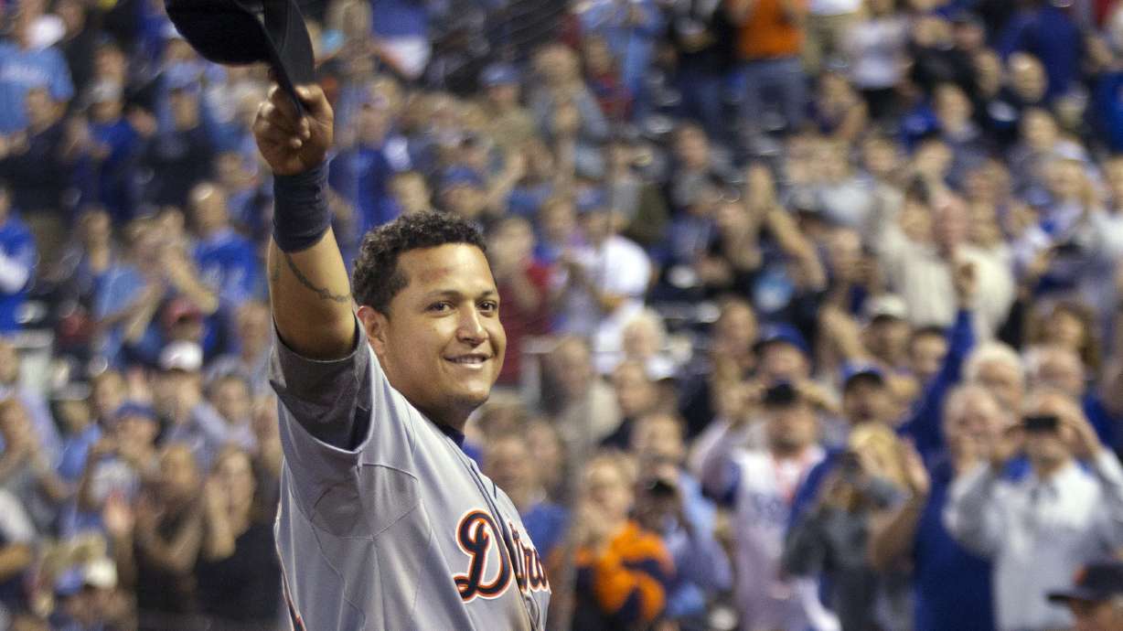 FILE - Detroit Tigers' Miguel Cabrera waves to the crowd after being replaced during the fourth inning of a baseball game against the Kansas City Royals at Kauffman Stadium in Kansas City, Mo., Oct. 3, 2012. Cabrera, one of the greatest hitters of all time, is retiring after the Tigers wrap up their season Sunday, Oct. 1, 2023, and baseball’s last Triple Crown winner is leaving a lasting legacy in the game and his native Venezuela.