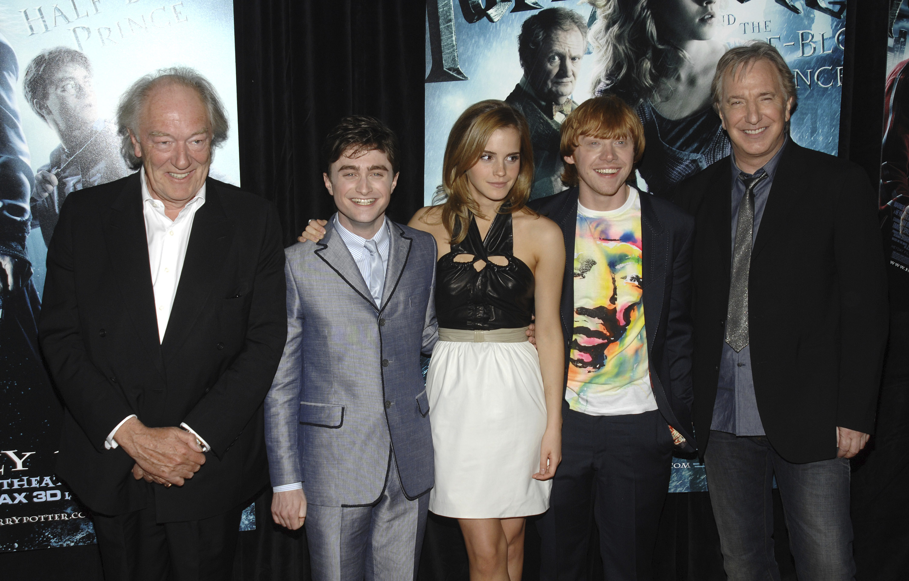 Michael Gambon, left, Daniel Radcliffe, Emma Watson, Rupert Grint and Alan Rickman attend the premiere of "Harry Potter and the Half Blood Prince", in New York, on July 9, 2009. Gambon, who was known to many for his portrayal of Hogwarts headmaster Albus Dumbledore in six of eight “Harry Potter” films, has died.