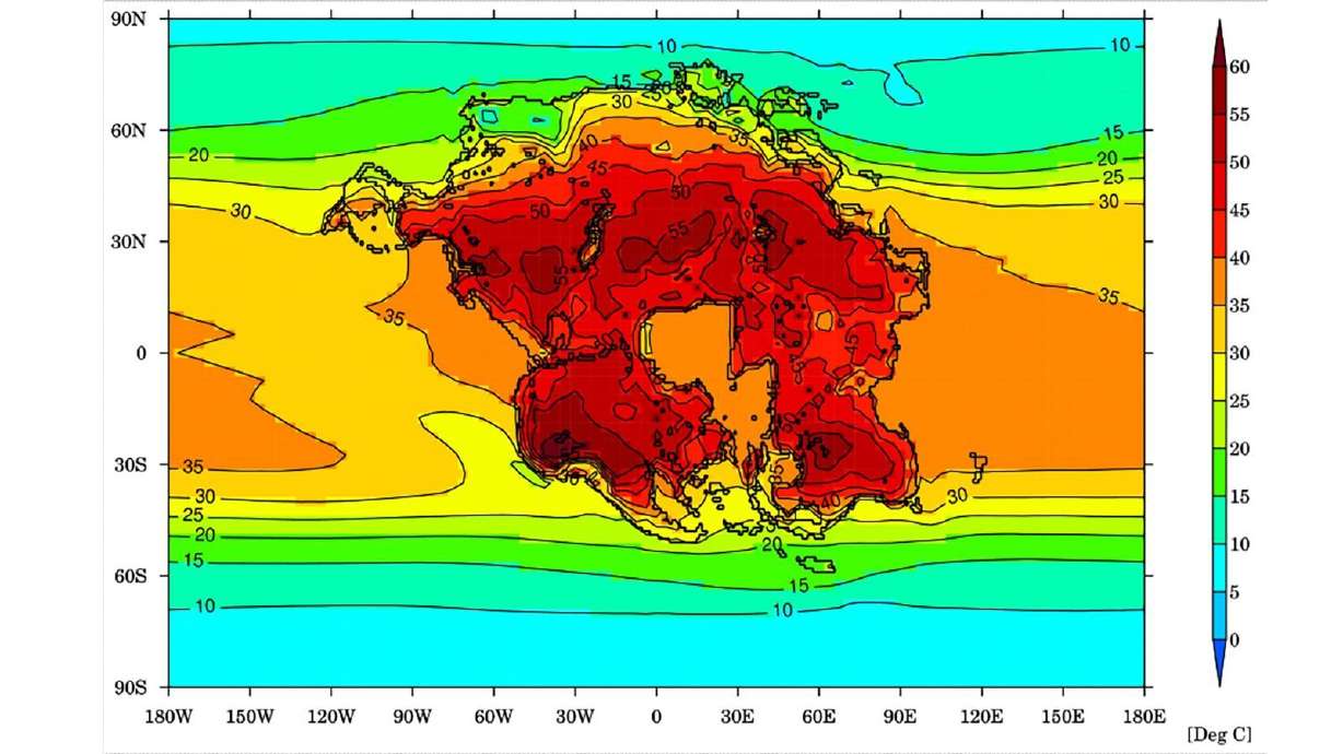 The warmest month average temperature for Earth and the projected supercontinent (Pangea Ultima) in 250 million years, when it would be difficult for almost any mammals to survive.
