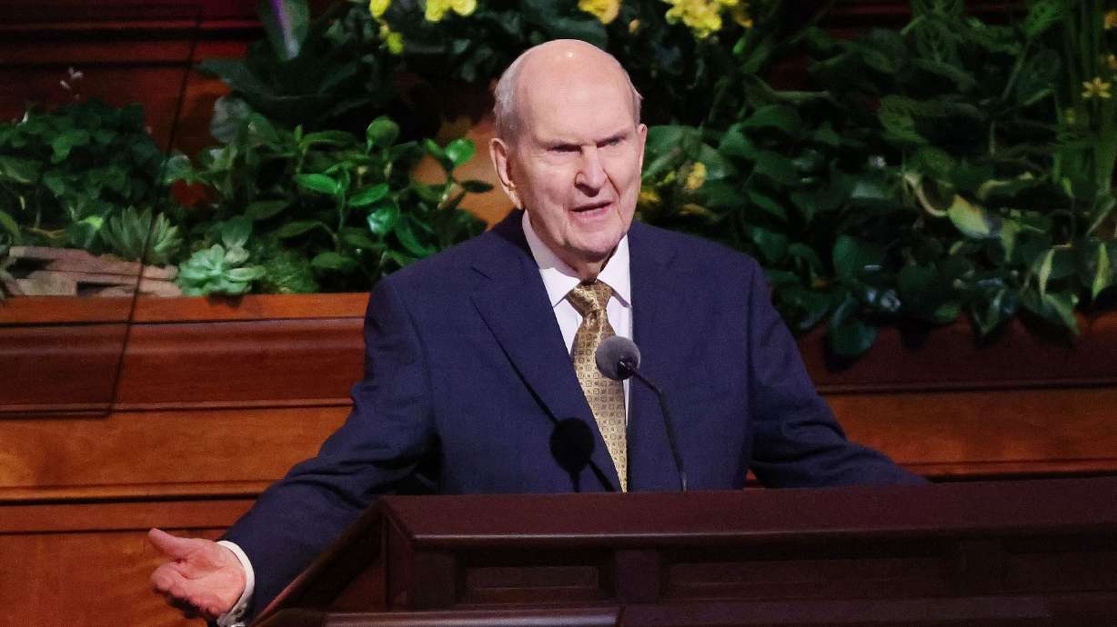 President Russell M. Nelson of The Church of Jesus Christ of Latter-day Saints speaks during the 193rd general conference in Salt Lake City on April 2. President Nelson will not be at October's general conference but will record his message.