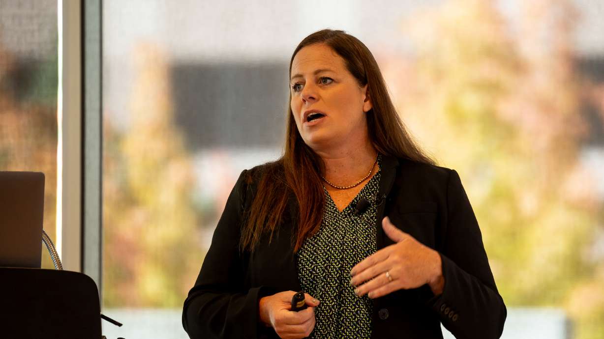 Beth Fauth, director of the Alzheimer’s Disease and Dementia Research Center at Utah State University, speaks during an event hosted by the center at Gallivan Hall in Salt Lake City on Thursday. Attendees discussed growing dementia research to address a growing population of people with dementia and their caregivers.