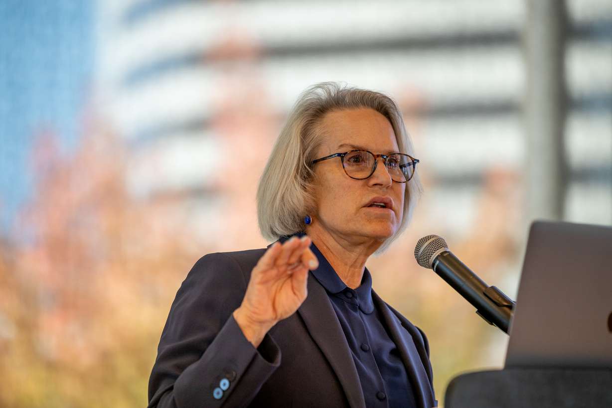 Utah State University President Elizabeth “Betsy” Cantwell speaks at an event hosted by USU’s Alzheimer’s Disease and Dementia Research Center at Gallivan Hall in Salt Lake City on Thursday.