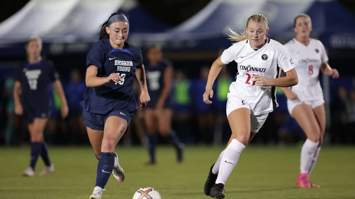 BYU midfielder Brecken Mozingo goes to goal against Cincinnati, Thursday, Sept. 28, 2023, at South Field in Provo. The 6th-ranked Cougars and Bearcats played to a 1-1 draw.