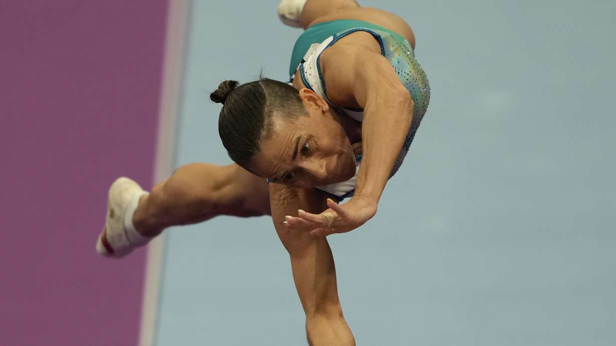 48 years old Uzbekistan's Oksana Chusovitina competes in the Artistic Gymnastics Women's Vault event of the 19th Asian Games in Hangzhou, China, Thursday, Sept. 28, 2023. Oksana Chusovitina competed in her first Olympics in 1992 in Barcelona. Now 48, and she's not done yet despite the fact her competition is generations younger. Few were even born when she won Olympic gold. She finished fourth in the vault this week at the Asian Games and says she's aiming for next year's Olympics in Paris, when she would be 49.