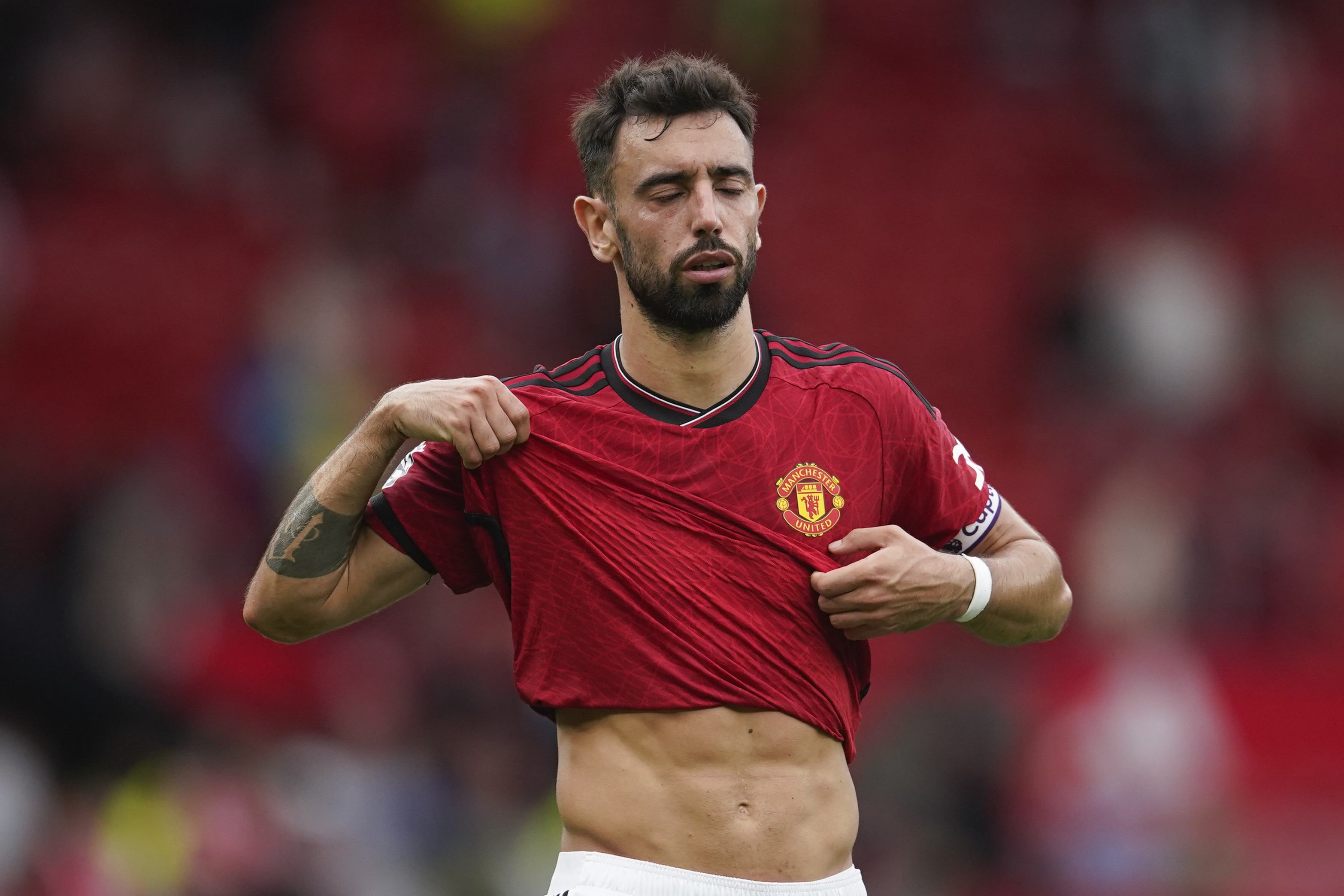 Manchester United's Bruno Fernandes reacts at the end of the English Premier League soccer match between Manchester United and Brighton and Hove Albion at Old Trafford stadium in Manchester, England, Saturday, Sept. 16, 2023. Brighton won 3-1.