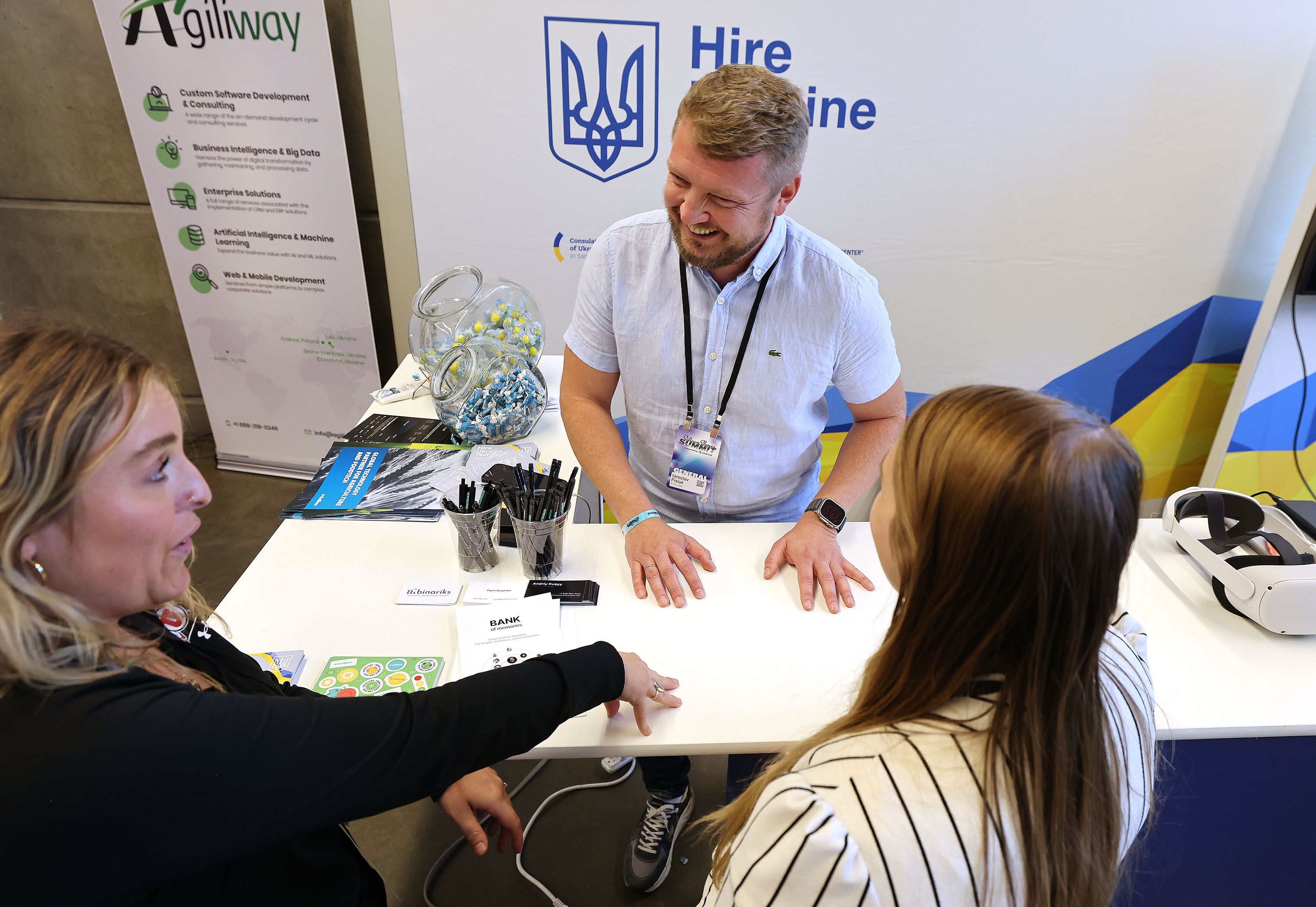 Yaroslav Fisiuk, a business development manager from Ukraine, speaks to attendees at the eighth annual Silicon Slopes Summit at the Delta Center in Salt Lake City on Thursday. The gathering is a direct result of the Utah delegation’s effort to build business ties with war-torn Ukraine.