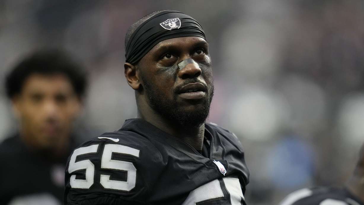 FILE - Las Vegas Raiders defensive end Chandler Jones (55) warms up before an NFL football game against the New England Patriots, Monday, Dec. 19, 2022, in Las Vegas. Las Vegas Raiders defensive end Chandler Jones indicated in since-deleted social media posts on Tuesday, Sept. 5, 2023, that he no longer wanted to play for coach Josh McDaniels and general manager David Ziegler.