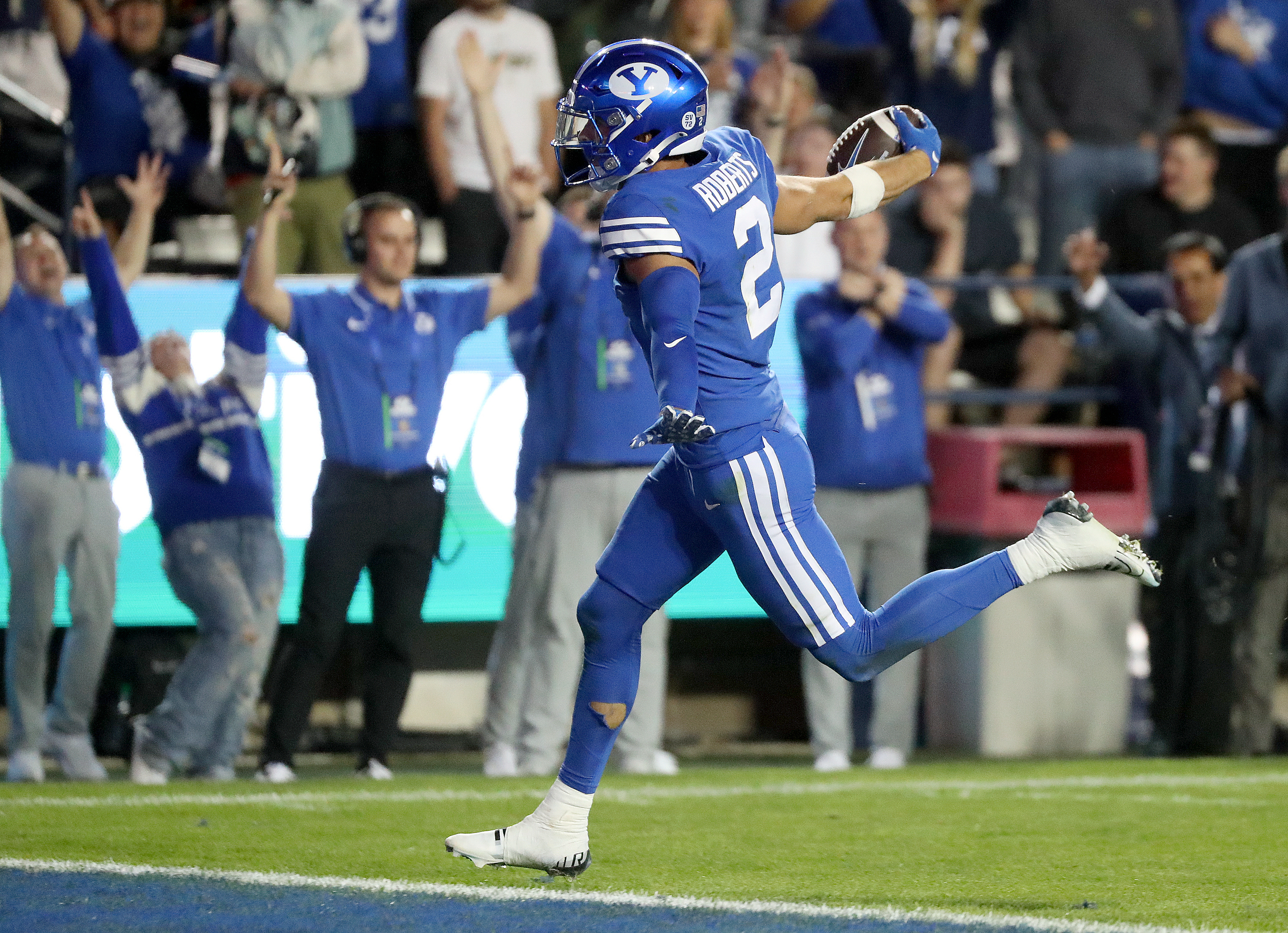 Brigham Young wide receiver Chase Roberts scores a touchdown during the second half of a football game against the Cincinnati Bearcats at LaVell Edwards Stadium in Provo on Friday, Sept. 29, 2023. BYU won 35-27.