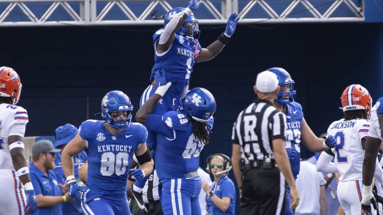 Kentucky running back Ray Davis (1) celebrates his touchdown in the endzone during the first half of an NCAA college football game against Florida in Lexington, Ky., Saturday, Sept. 30, 2023.