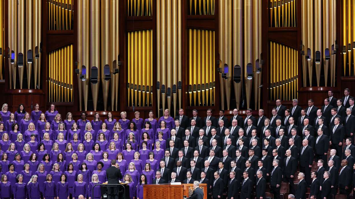 The Tabernacle Choir at Temple Square sings during the 193rd Semiannual General Conference of The Church of Jesus Christ of Latter-day Saints at the Conference Center in Salt Lake City on Saturday.