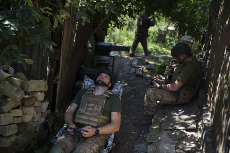 Ukrainian soldiers operate a reconnaissance drone on the front line in the Luhansk Region, Ukraine, Aug. 19. The drone unit's task is to destroy Russia's heavy machinery, armored vehicles and infantry.