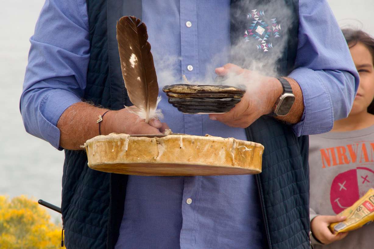 Shoshone leader and historian Darren Parry performs a blessing for the Great Salt Lake on Saturday at Antelope Island.