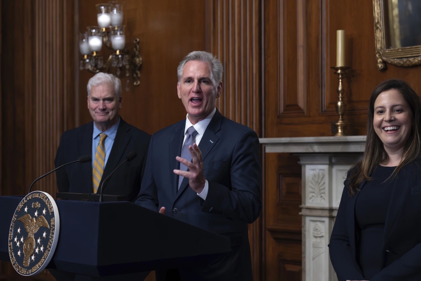 Speaker of the House Kevin McCarthy, R-Calif., flanked by Majority Whip Tom Emmer, R-Minn., left, and Republican Conference Chair Elise Stefanik, R-N.Y., holds a news conference just after the House approved a 45-day funding bill to keep federal agencies open, at the Capitol in Washington, Saturday. The bill was then passed by the Senate and signed into law by President Joe Biden.