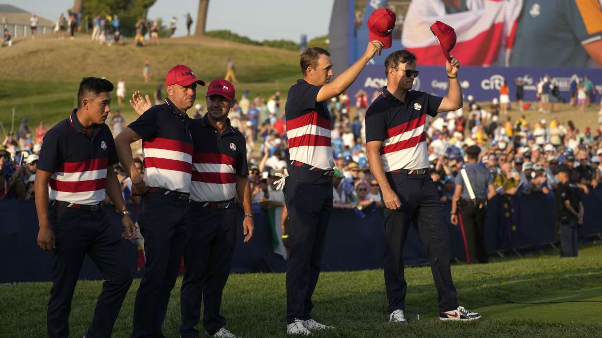 Member of the United States Ryder Cup team line up at the presentation ceremony after Europe won the Ryder Cup at the Marco Simone Golf Club in Guidonia Montecelio, Italy, Sunday, Oct. 1, 2023.