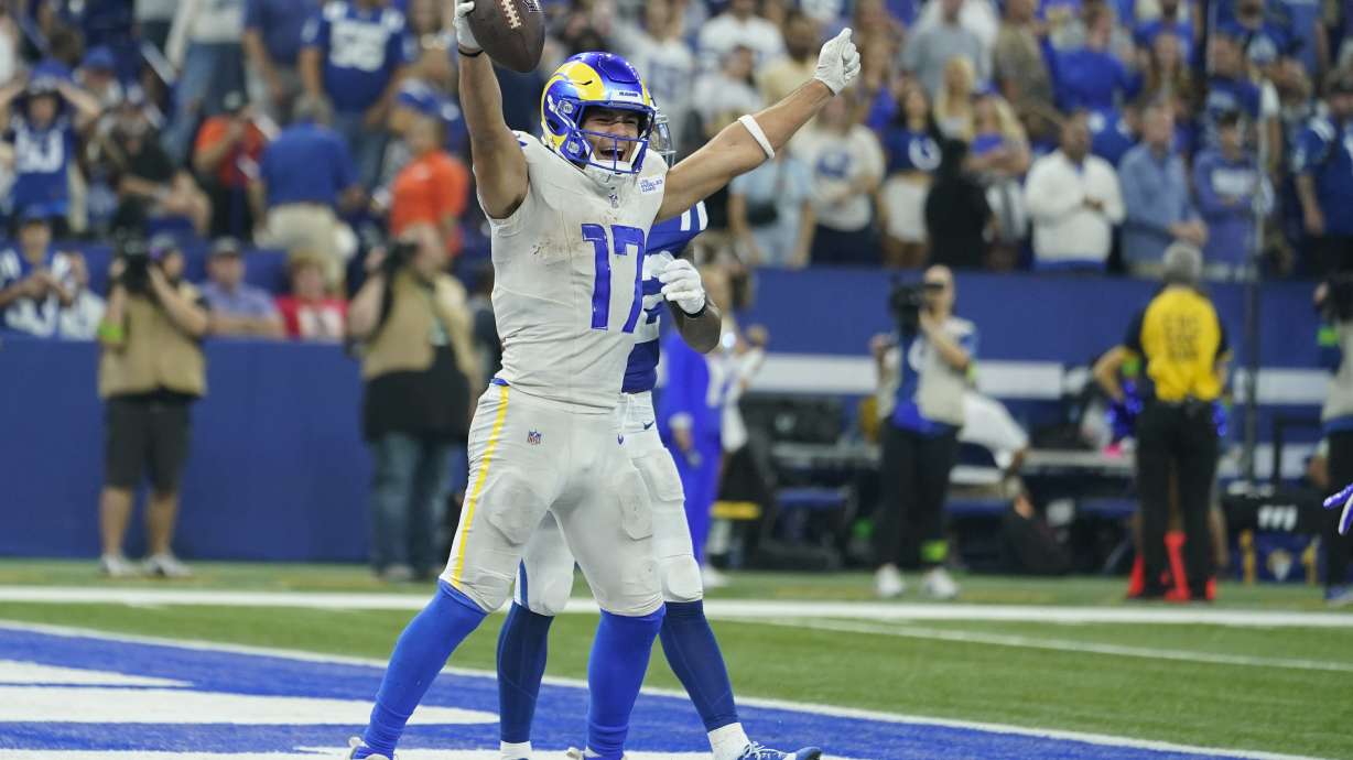 Los Angeles Rams wide receiver Puka Nacua celebrates after scoring a touchdown during overtime in an NFL football game against the Indianapolis Colts, Sunday, Oct. 1, 2023, in Indianapolis.