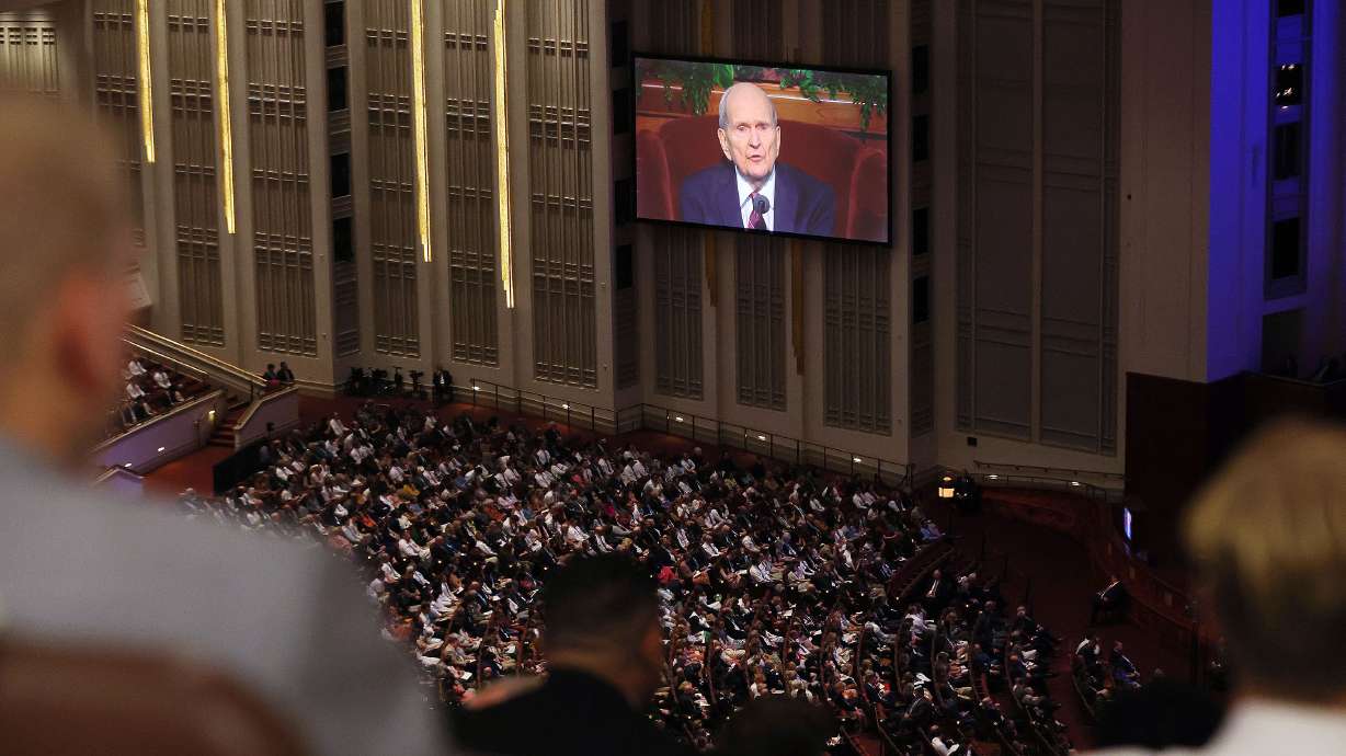 President Russell M. Nelson, of The Church of Jesus Christ of Latter-day Saints, speaks in a prerecorded video message during the193rd Semiannual General Conference of the church at the Conference Center in Salt Lake City on Sunday.