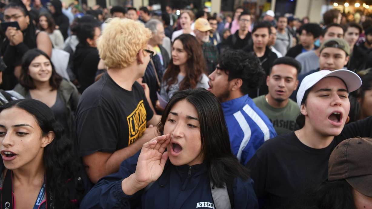 Protesters shout at University of California Berkeley in Berkeley, Calif., Sept. 14, 2017. New polling finds America’s college campuses are seen as friendlier to liberals than to conservatives when it comes free speech.