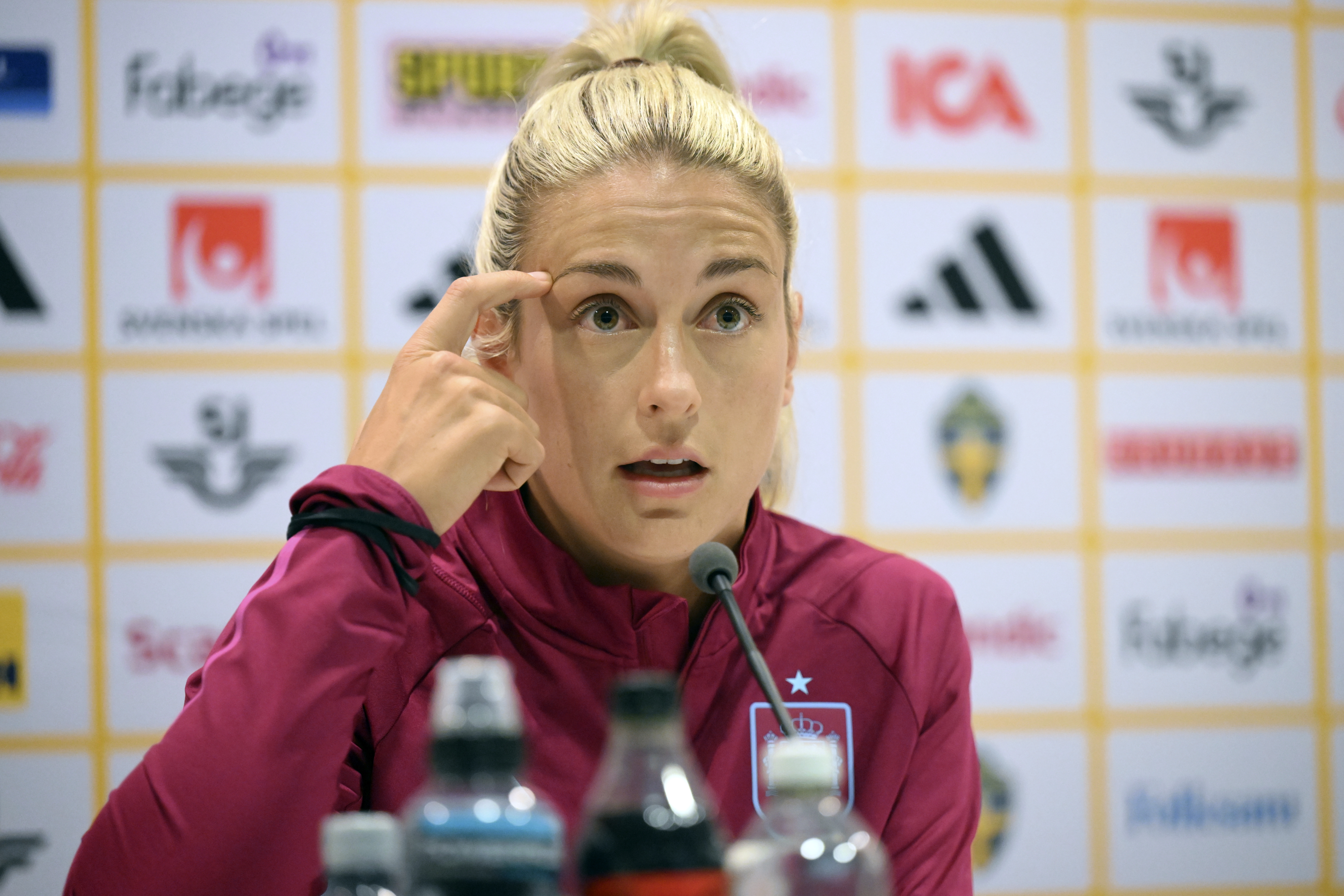 Spain's women's national soccer team player Alexia Putellas attends a press conference in Gothenburg, Sweden, ahead of the UEFA Nations League soccer match against Sweden, Thursday, Sept. 21, 2023.