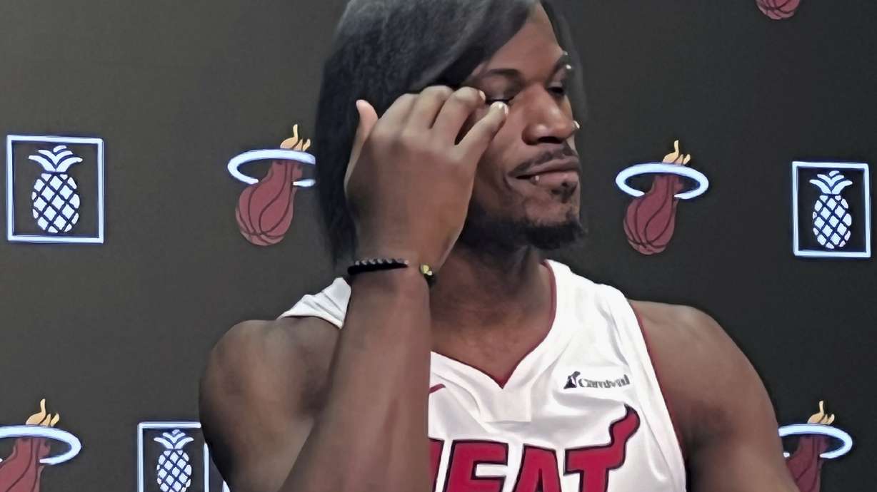 Miami Heat NBA basketball player Jimmy Butler attends the team's Media Day in Miami Monday, Oct. 2, 2023.