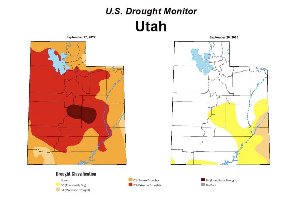 These maps show Utah's drought situation before the 2023 water year, left, and before the 2024 water year, right. Precipitation during Utah's 2023 water year drastically reduced the state's drought current severity.