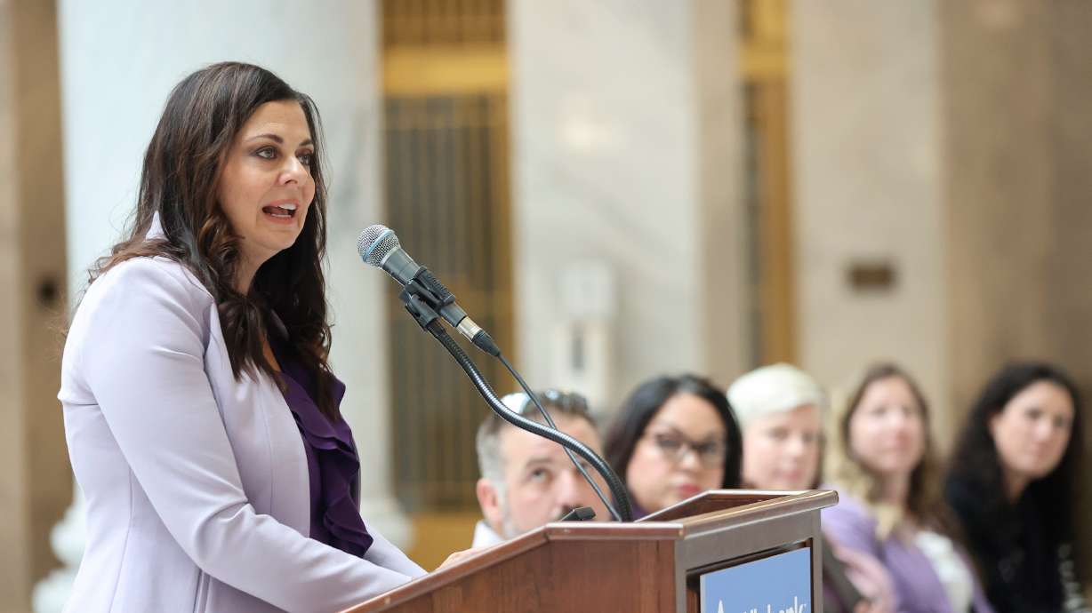 Shonie Christensen, domestic violence advocate and survivor, speaks during a press event for Domestic Violence Awareness Month at the Capitol in Salt Lake City on Monday. Oct. 2 was declared Domestic Violence Awareness Day in Utah.