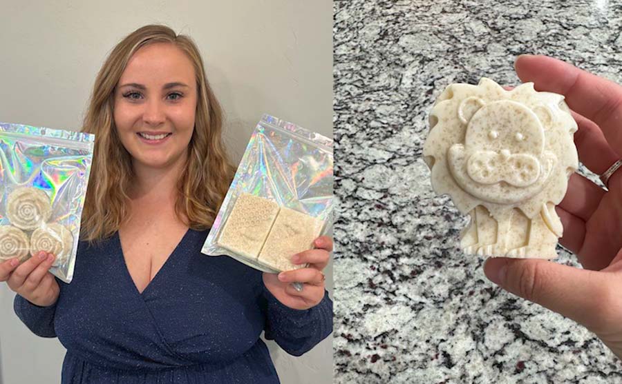 Britni Eddy holds some of the soaps made out of breast milk in these undated photos. Eddy has created a business that is uniquely helping mothers by making soap, lotion and diaper cream — all from their own breast milk.