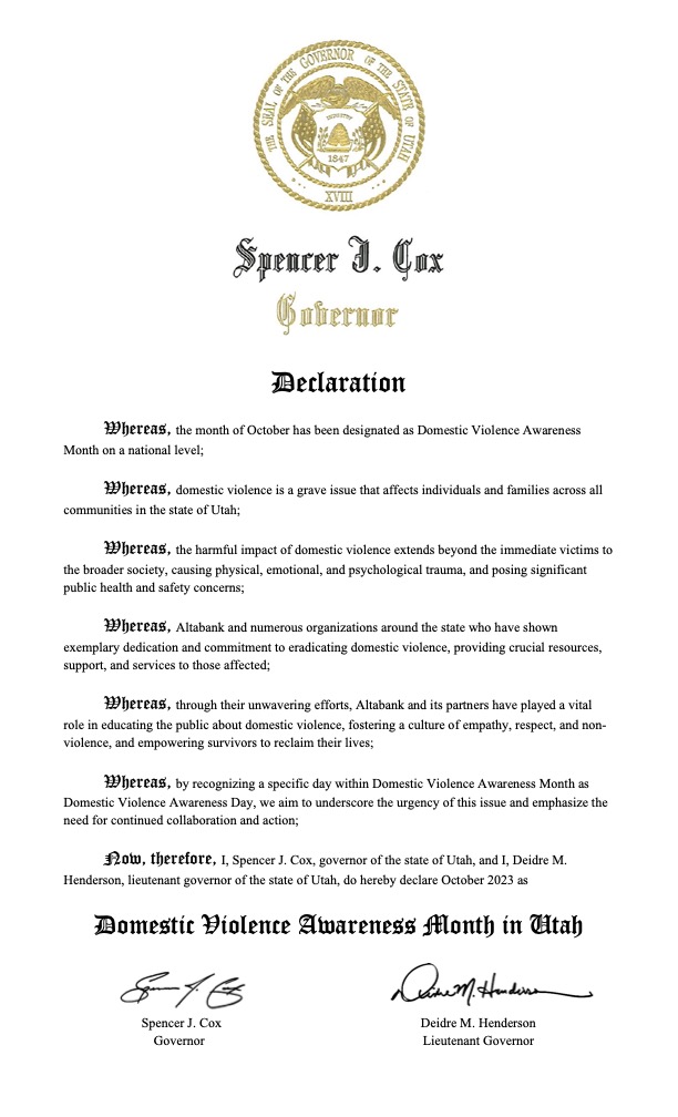Gov. Spencer Cox's 2023 declaration that Oct. 2 is Utah's Domestic Violence Awareness Day.