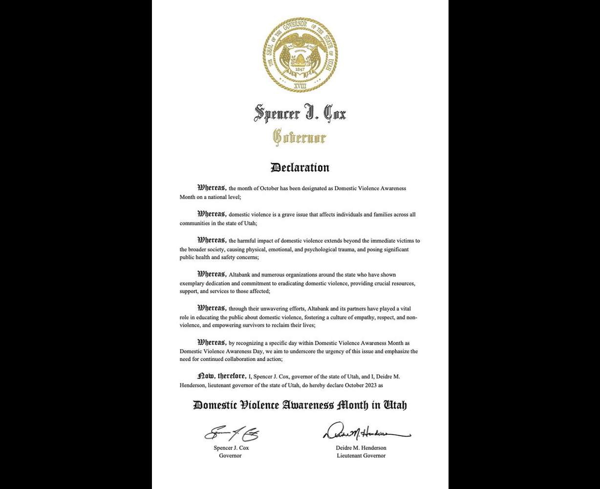 Gov. Spencer Cox's 2023 declaration that Oct. 2 is Utah's Domestic Violence Awareness Day.