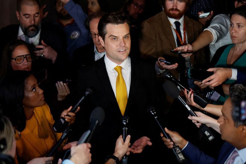 Rep. Matt Gaetz, R-Fla., speaks with reporters after filing a motion to vacate —an attempt to oust House Speaker Kevin McCarthy, R-Calif., as he departs the U.S. Capitol in Washington on Monday.
