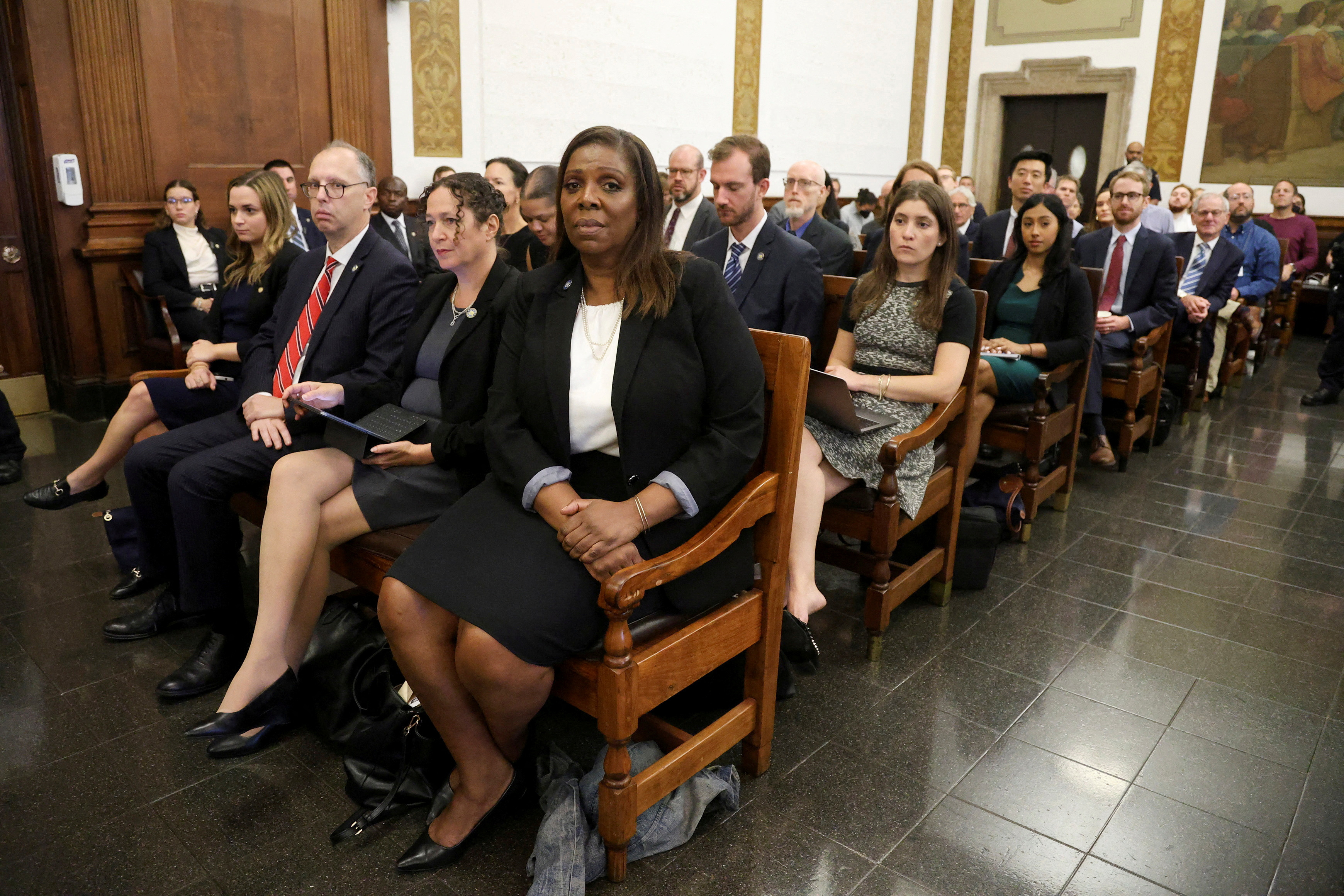 New York Attorney General Letitia James looks on as former President Donald Trump attends the trial of himself, his adult sons, the Trump Organization and others in a civil fraud case brought by her, at a Manhattan courthouse, in New York City, Monday.