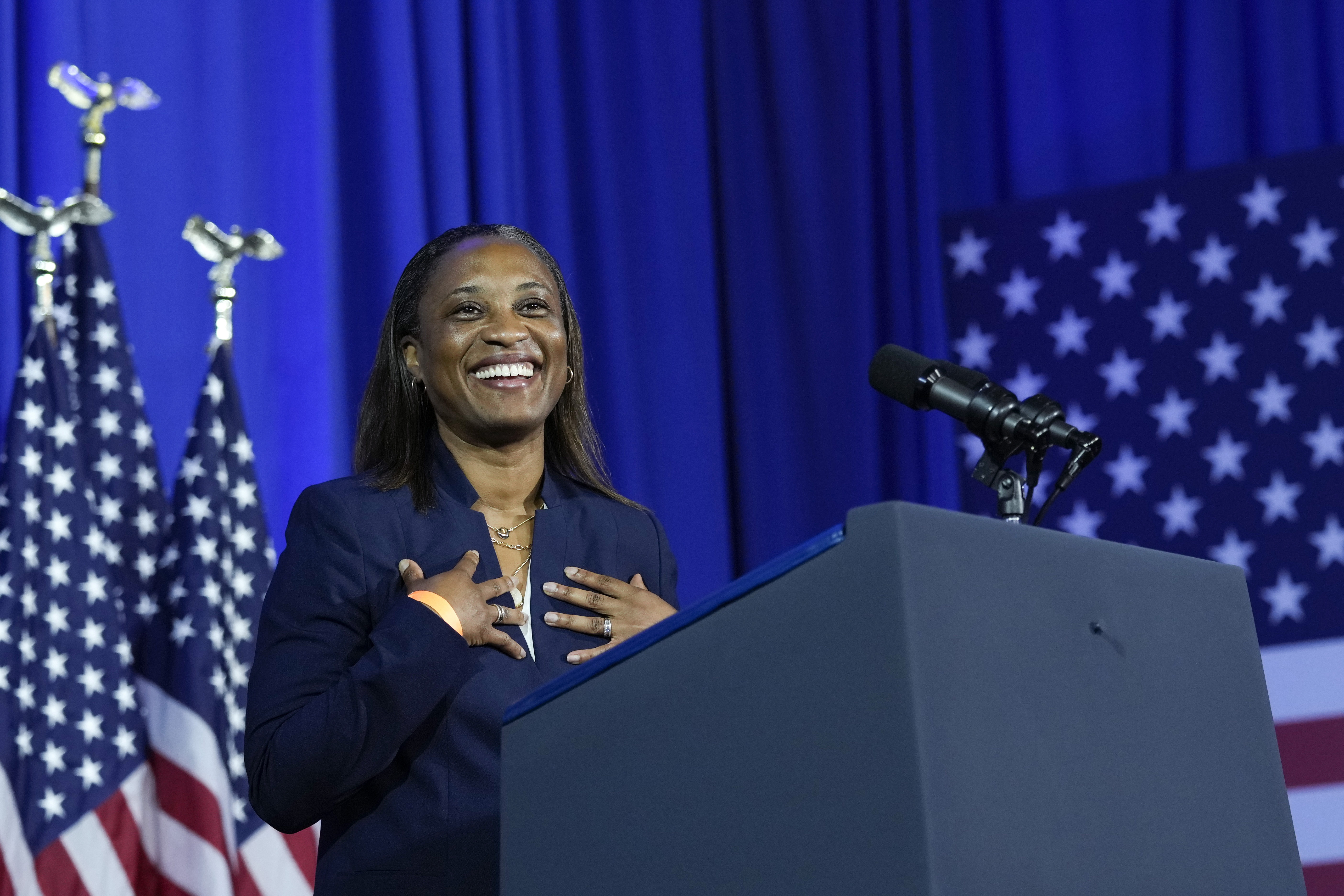Laphonza Butler, President of EMILY's List, speaks during an event in Washington, June 23. California Gov. Gavin Newsom has named Butler to fill the U.S. Senate seat made vacant by Sen. Dianne Feinstein's death.