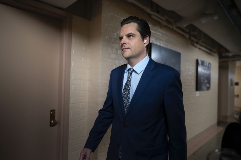 Rep. Matt Gaetz, R-Fla., walks through a basement corridor to a closed-door meeting with House Republicans on the morning after he filed a motion to strip Speaker of the House Kevin McCarthy, R-Calif., from his leadership role, at the Capitol in Washington, Tuesday.