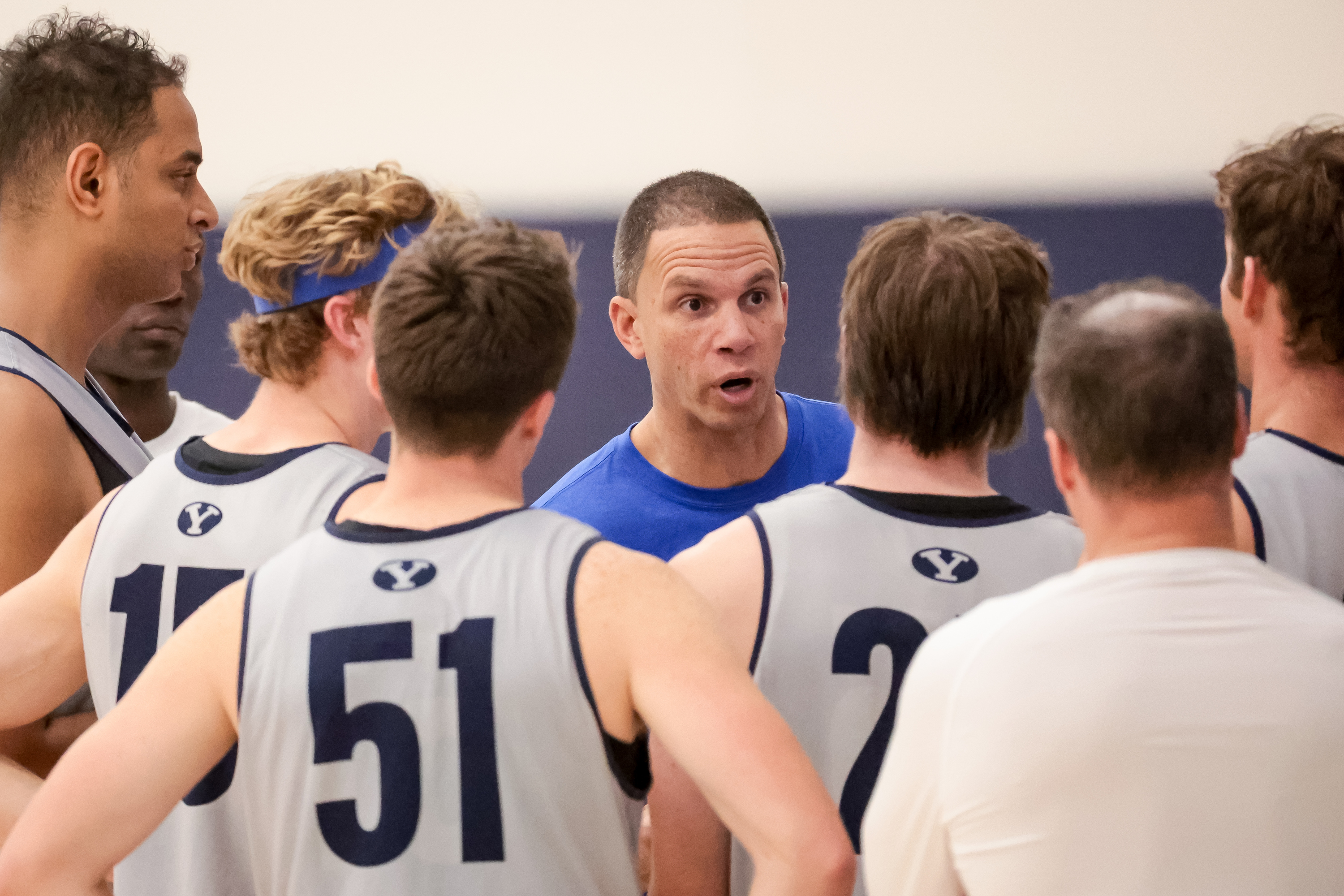 Assistant coach Nick Robinson talks to players during BYU basketball practice at the Marriott Center Annex Court in Provo on Tuesday, Oct. 3, 2023.