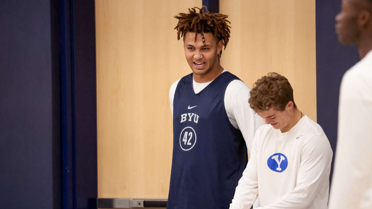 Marcus Adams Jr. stands on the sideline during BYU basketball practice at the Marriott Center Annex Court in Provo on Tuesday, Oct. 3, 2023.
