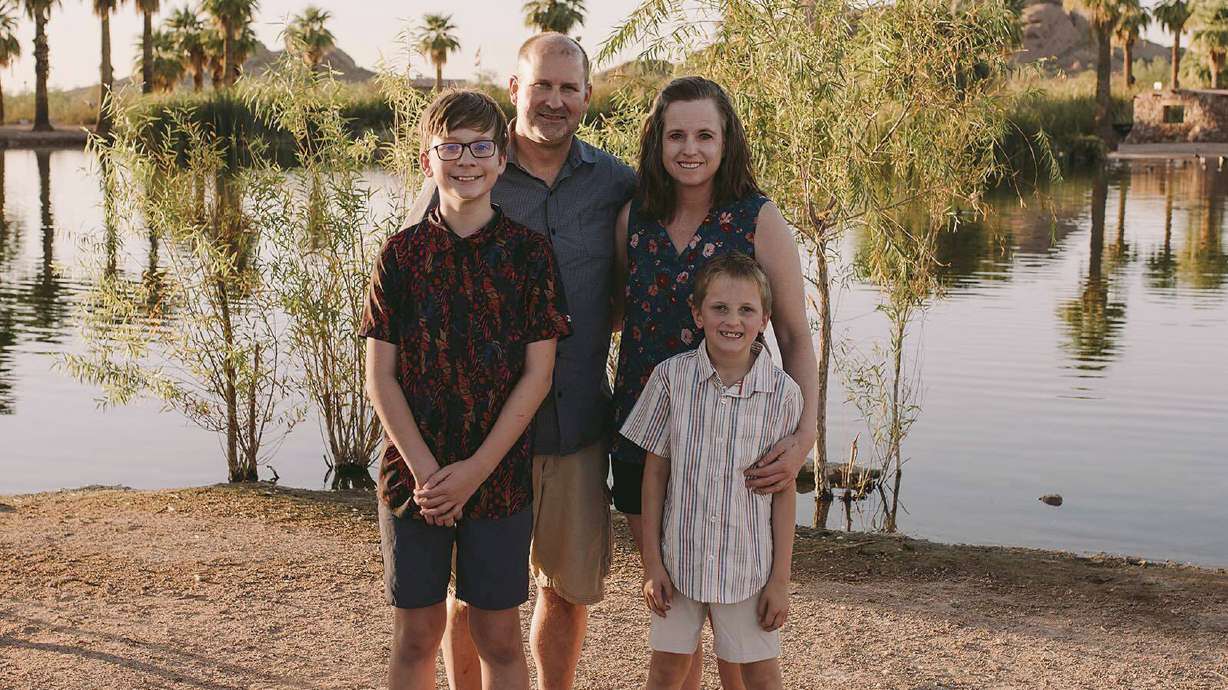 North Dakota Sen. Doug Larsen, second from left, with his wife, Amy, and their two sons, Christian and Everett, on Sept. 29 at Papago Park in Phoenix, Ariz. All four of them died the following day, Sept. 30, in a plane crash near Moab.
