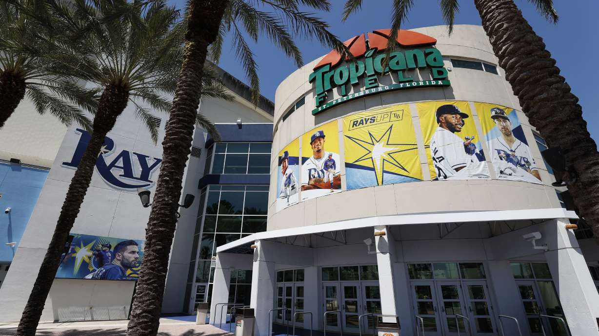 FILE - Tropicana Field stands April 8, 2022, in St. Petersburg, Fla. The AL Wild Card Series opener between the Texas Rangers and Tampa Bay Rays on Tuesday, Oct. 3, 2023, drew an announced crowd of just 19,704 to Tropicana Field, the lowest for a postseason game since the 1919 World Series other than during the coronavirus pandemic, according to Stathead.